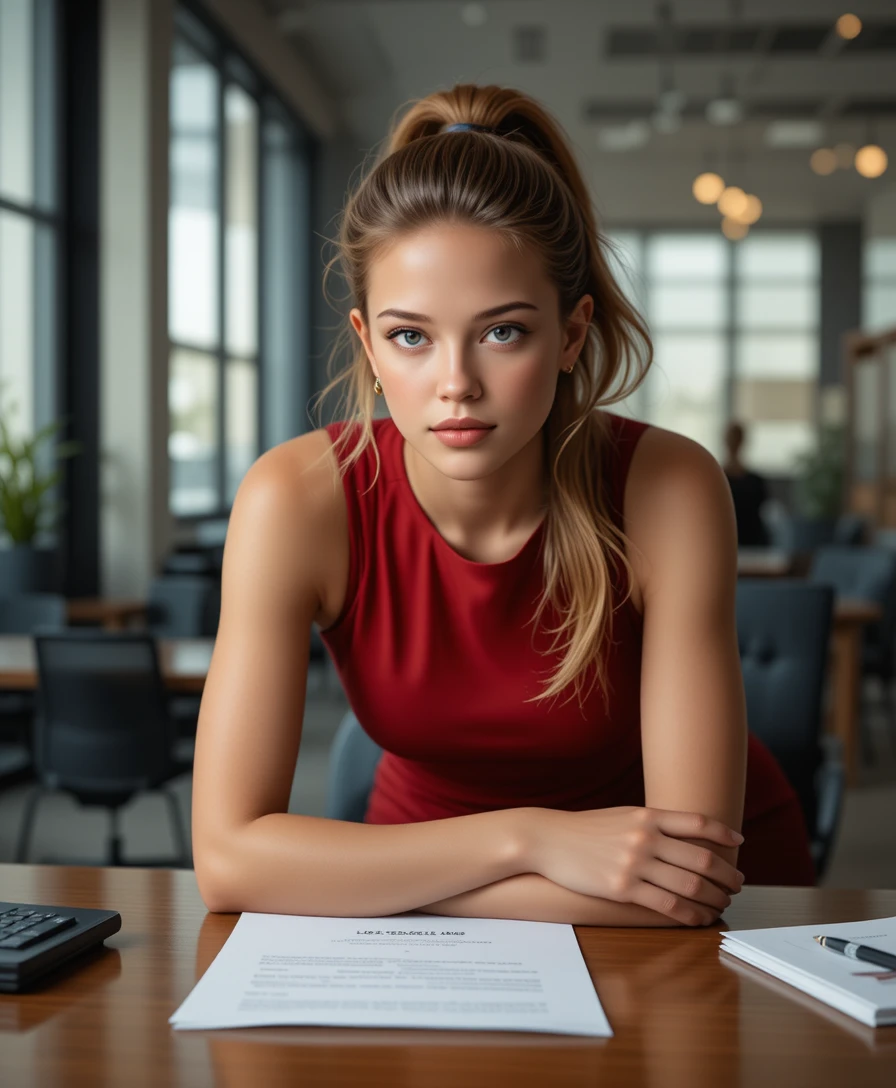 Confident businesswoman leaning over desk in modern office