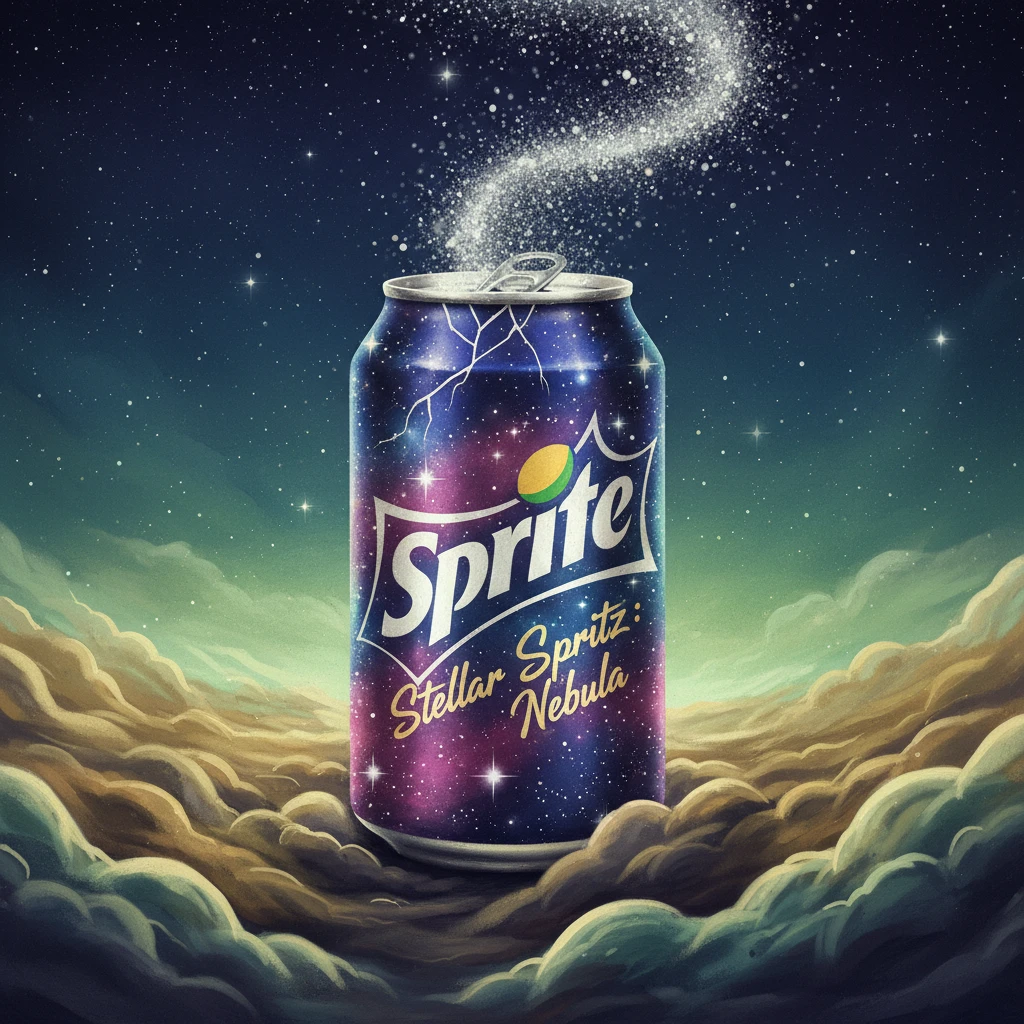 Cosmic soda can on glowing golden and green clouds
