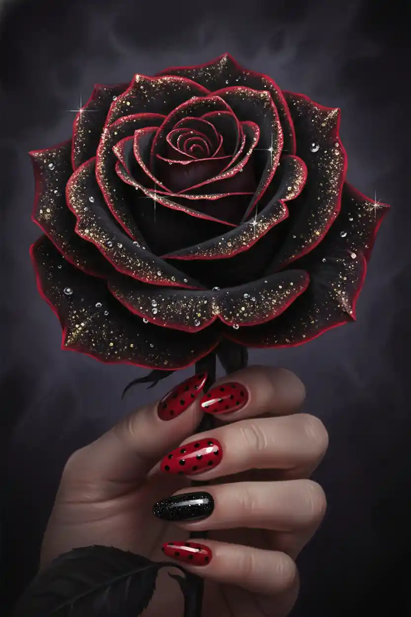 Close up black rose with red glow and manicured hand