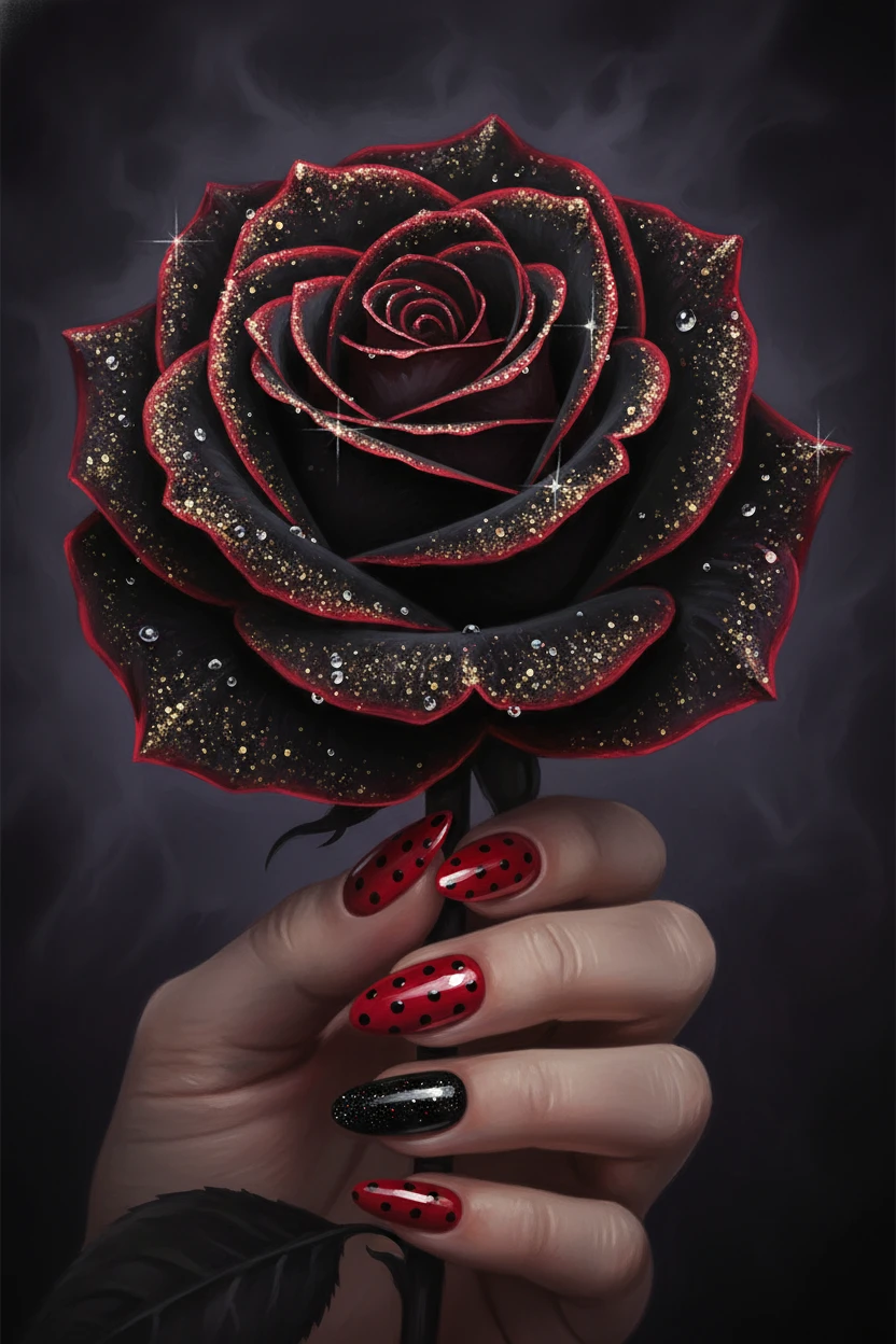 Close up black rose with red glow and manicured hand