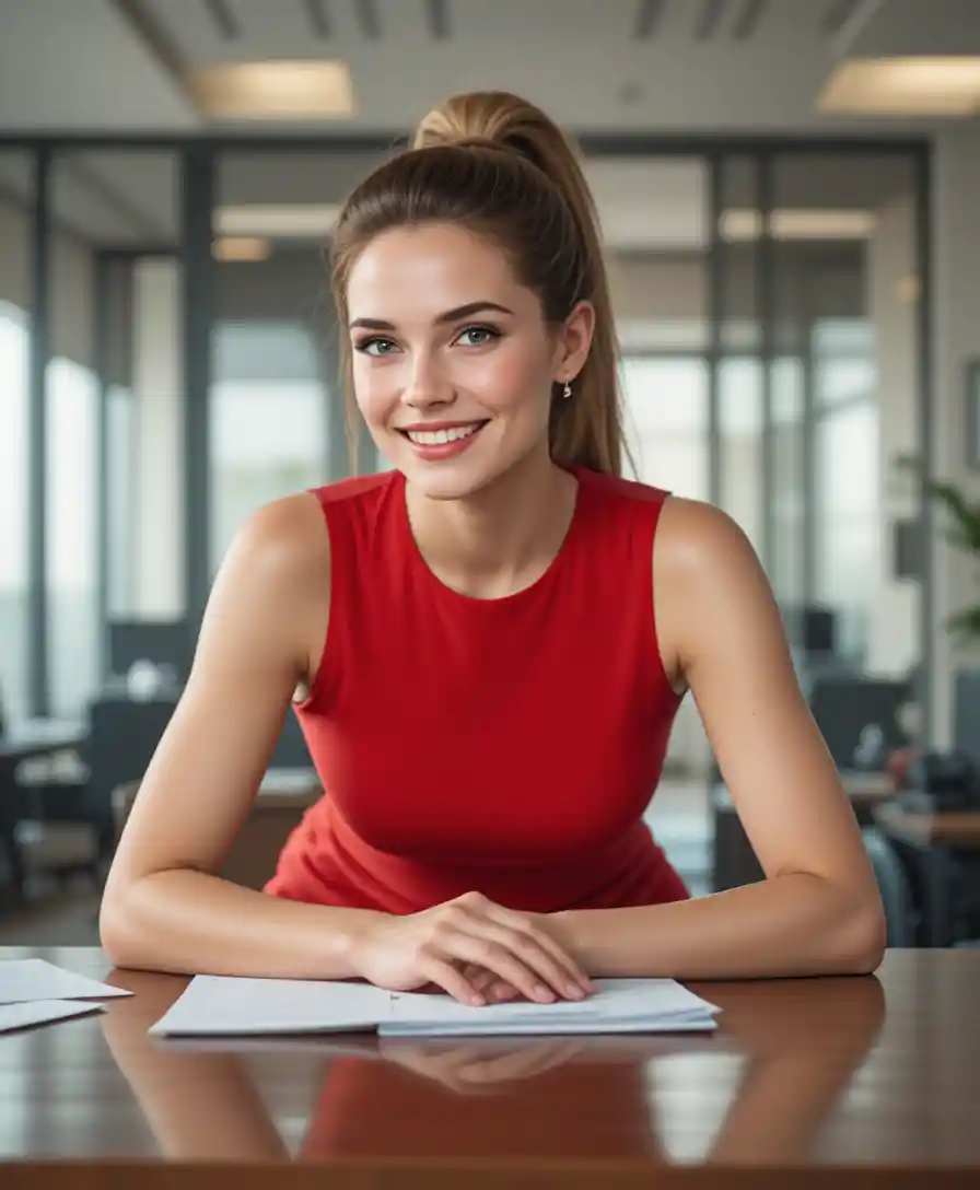 Confident businesswoman leaning over desk in modern office