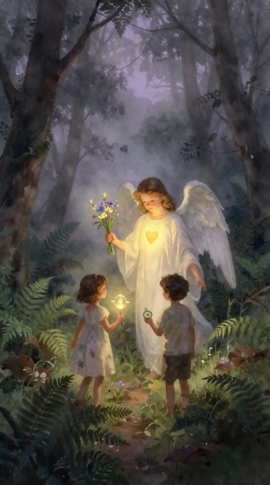 Children and guardian angel walking through a misty forest