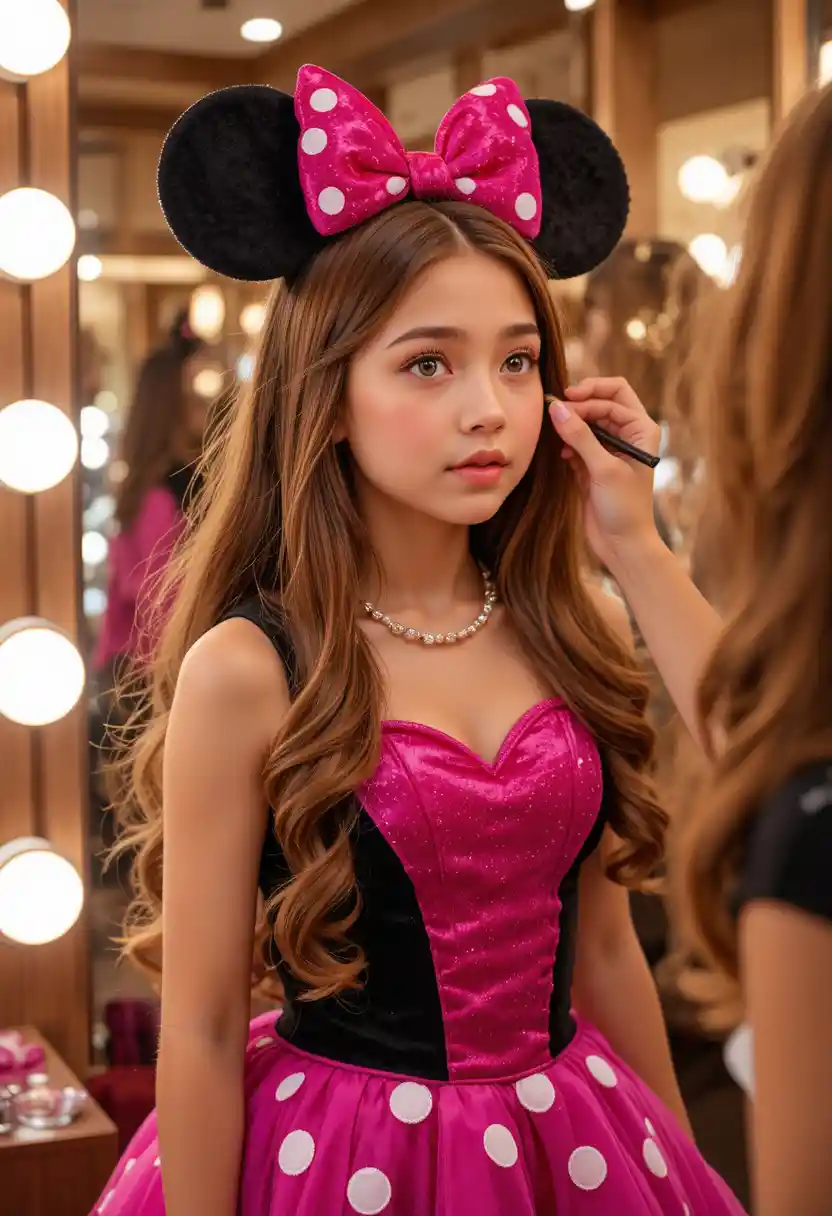 Ragazzo con vestito di Minnie truccato in una boutique