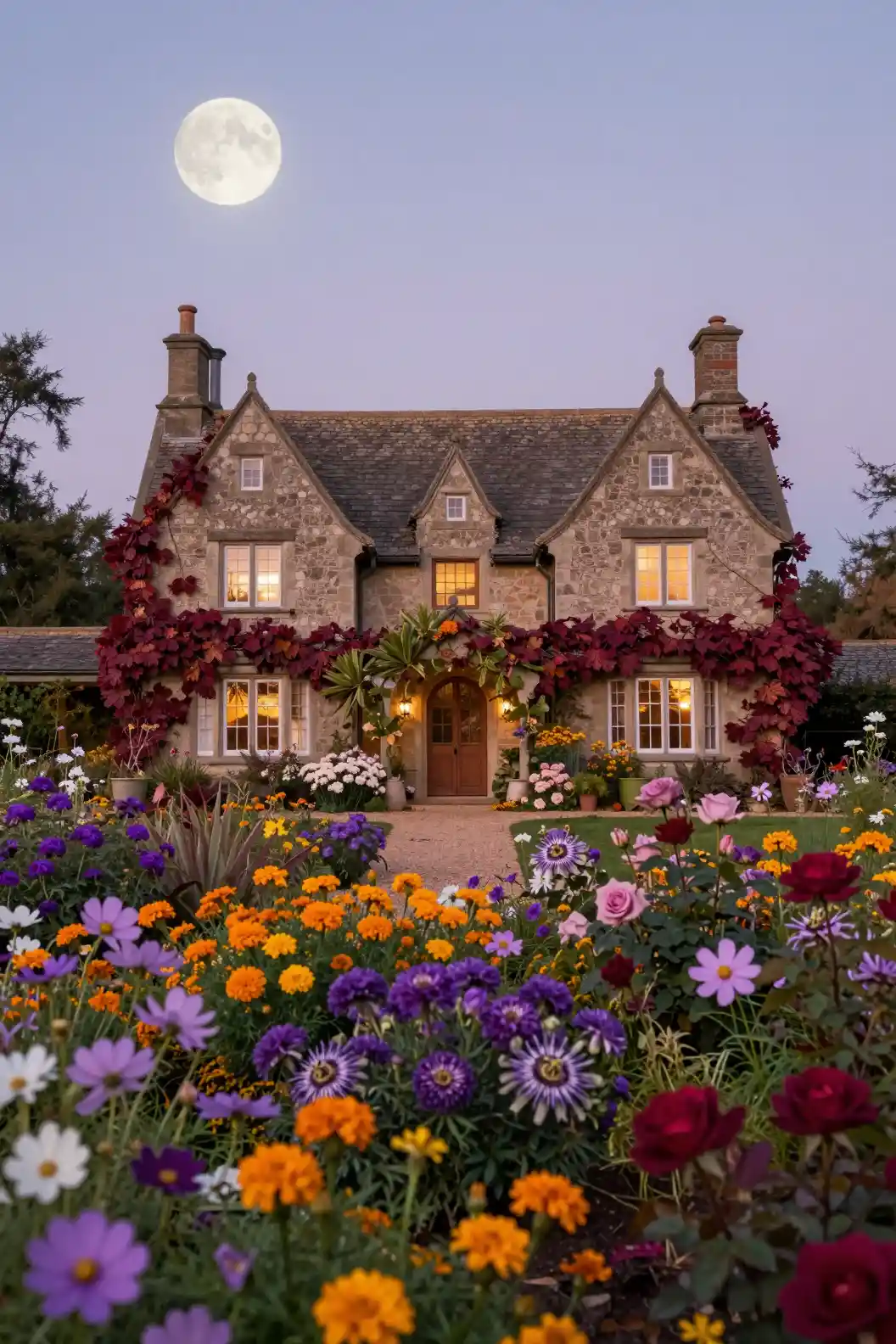 Ethereal Fantasy Cottage Mansion In Moonlit Autumn Garden