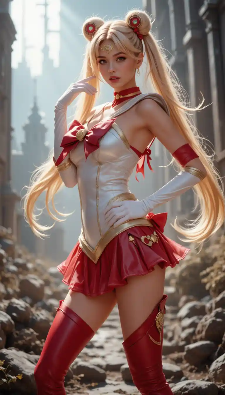 ダイナミックなセーラー風コスプレの自信あふれる若い女性