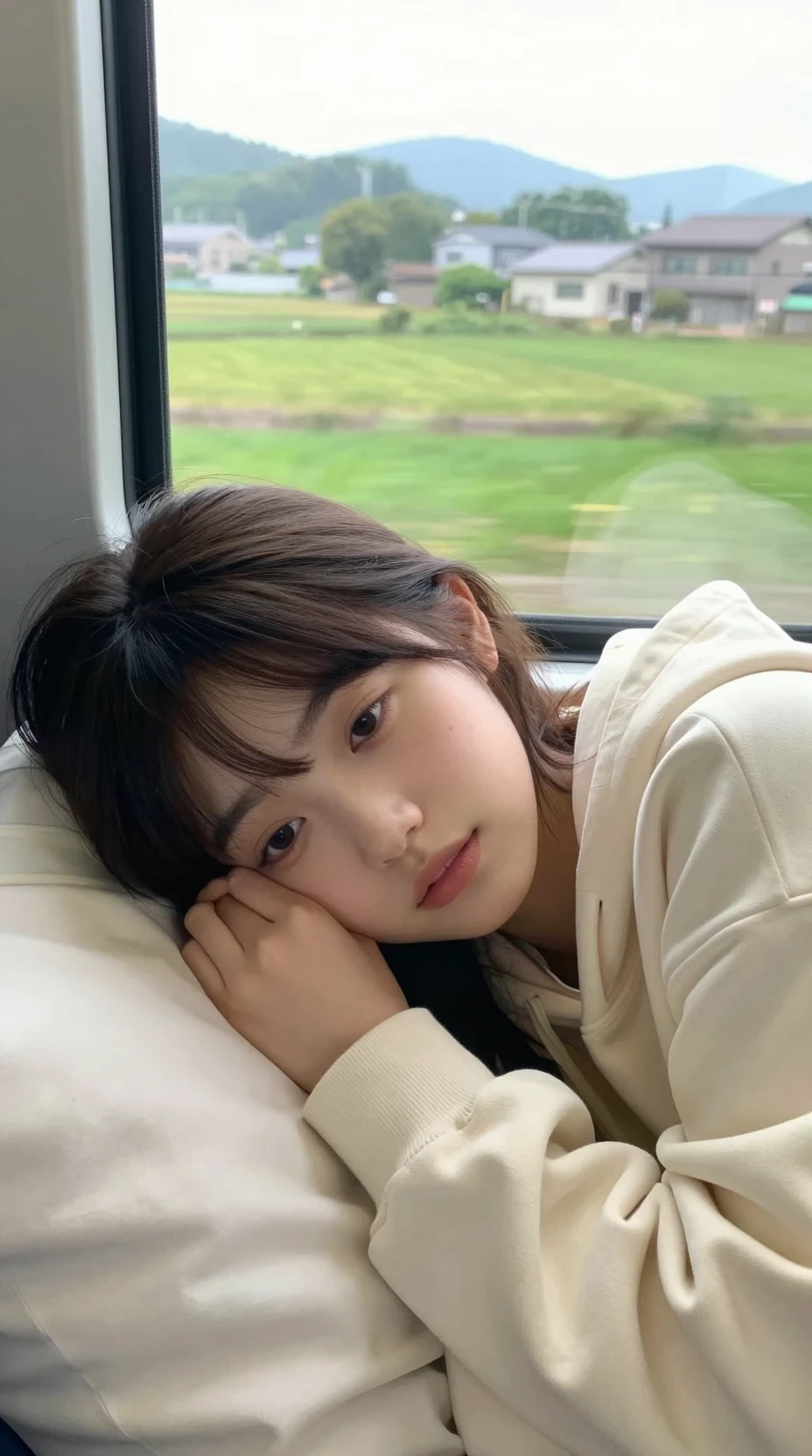 Sleepy girl by train window in soft afternoon light