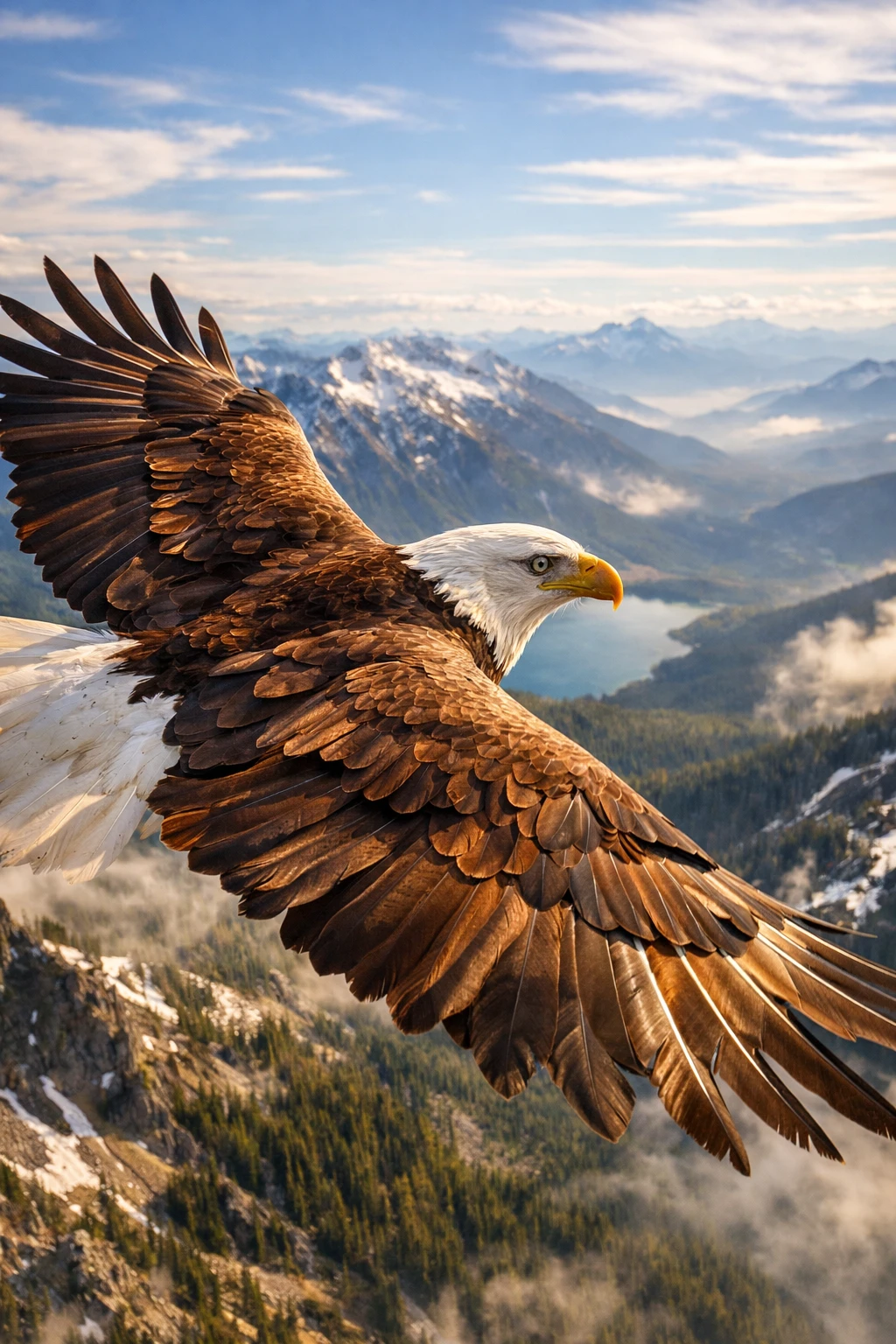 Soaring above an eagle over distant mountain peaks