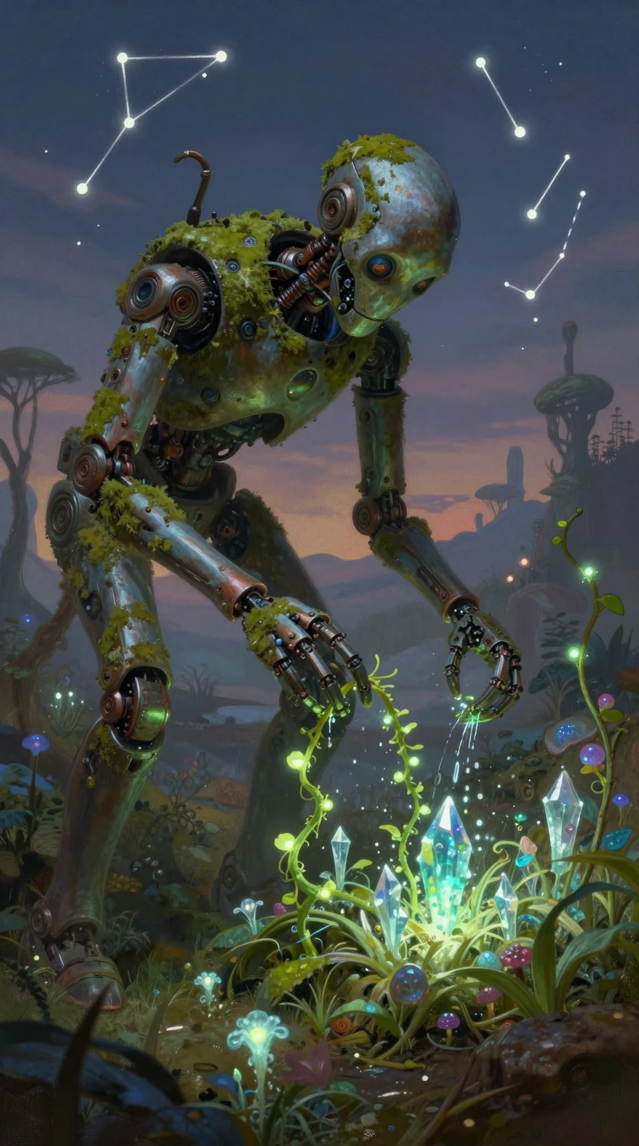 Ancien automate s’occupant d’un jardin extraterrestre lumineux au crépuscule
