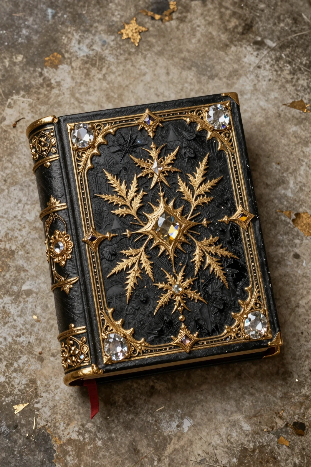 Ornate gothic spell book with glowing crystal details