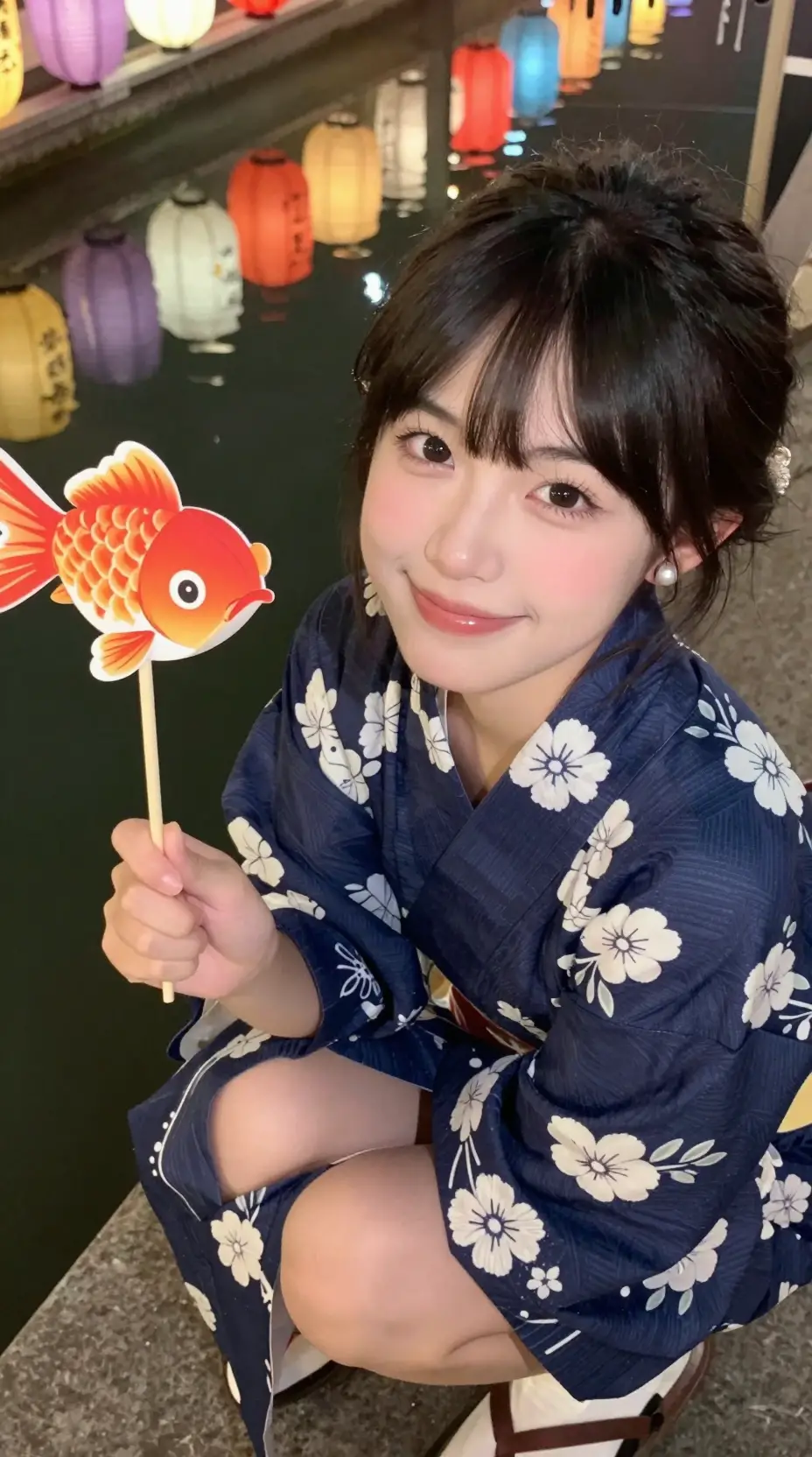 Playful yukata girl winking at a festival game stall
