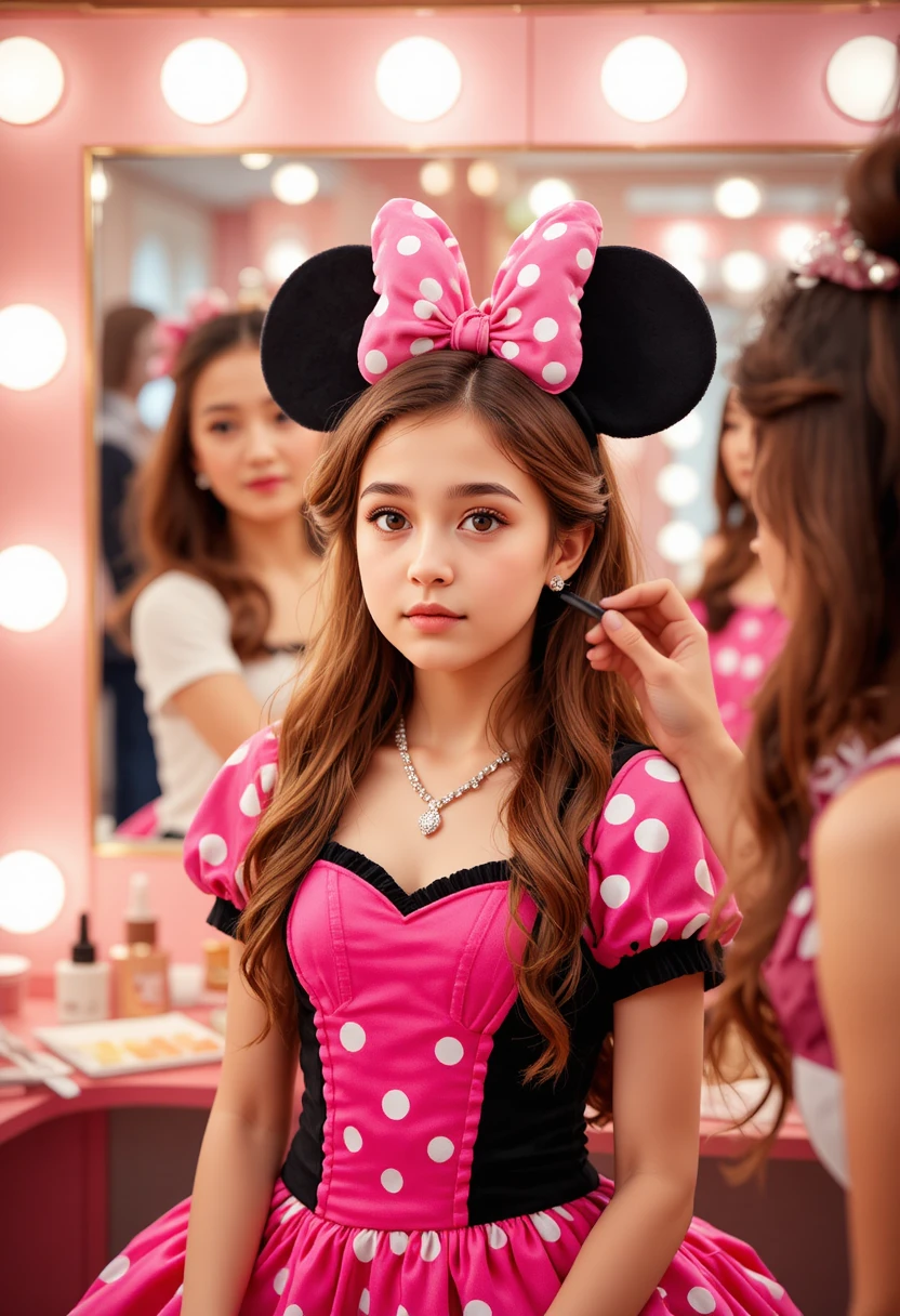 Niño con vestido rosa maquillándose en una boutique
