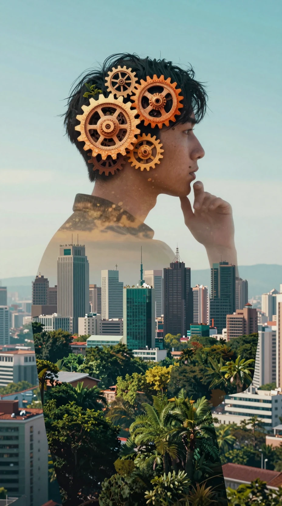 Silueta en doble exposición llena de ciudad inteligente verde