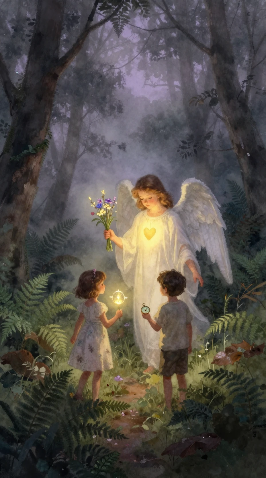 Children and guardian angel walking through a misty forest