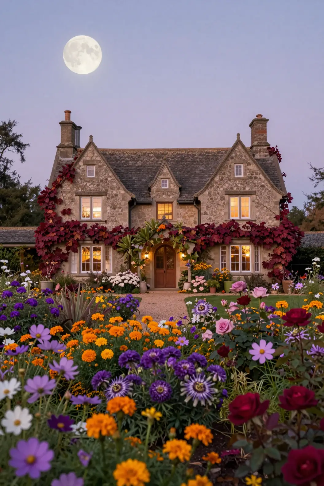 Ethereal Fantasy Cottage Mansion In Moonlit Autumn Garden
