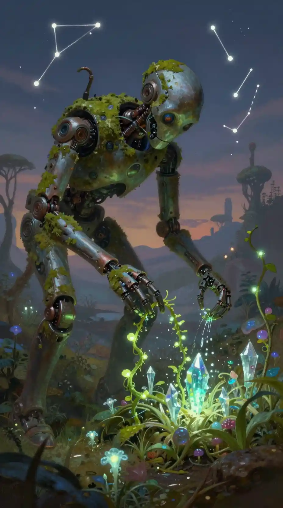Ancien automate s’occupant d’un jardin extraterrestre lumineux au crépuscule