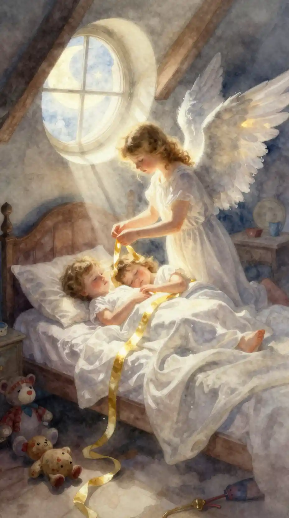 Guardian angel watching over children in a moonlit attic bedroom