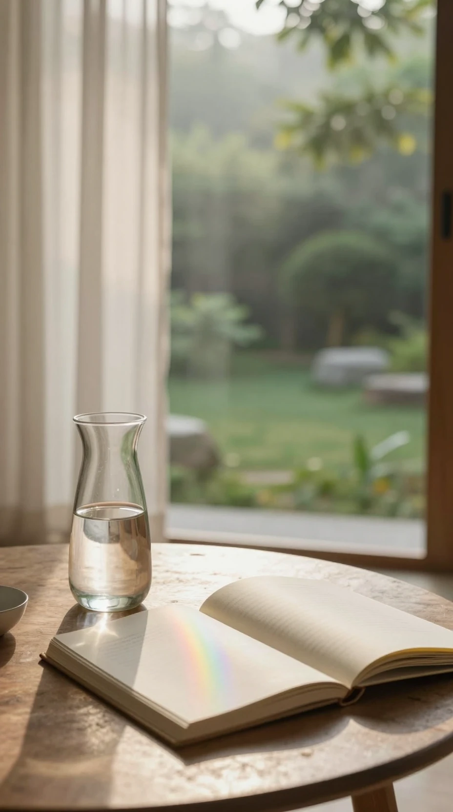 Mesa de madera minimalista con jarra de vidrio en un santuario al amanecer