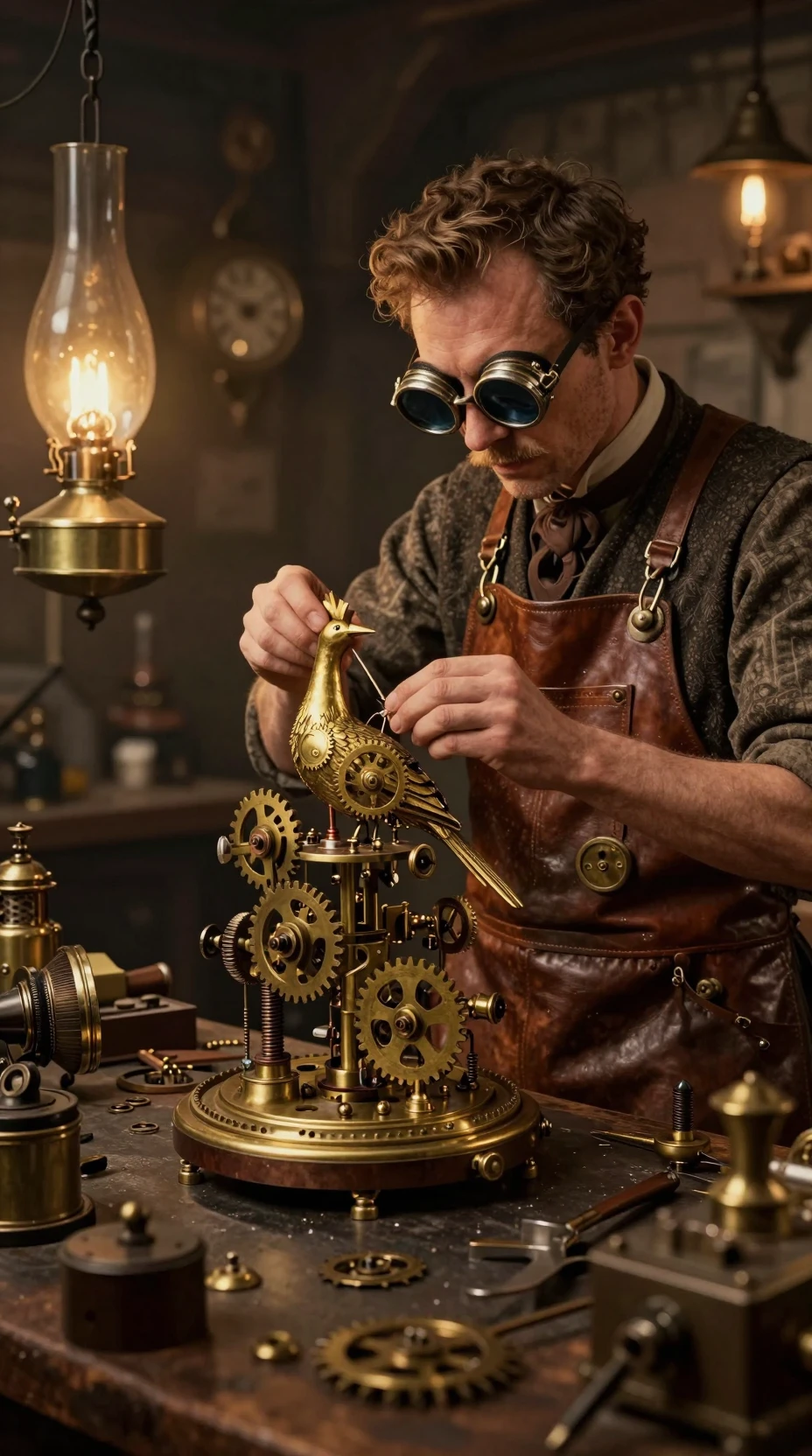 Clockmaker assembling an automaton bird in warm lamplight