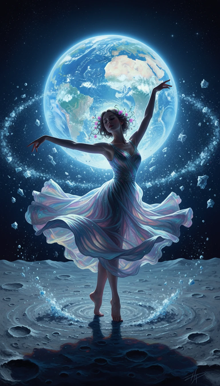 Graceful woman dancing on the moon beneath glowing Earth