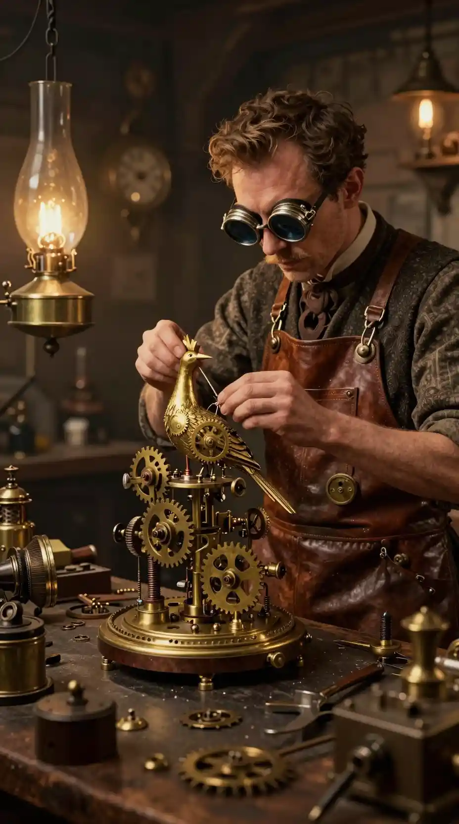 Clockmaker assembling an automaton bird in warm lamplight