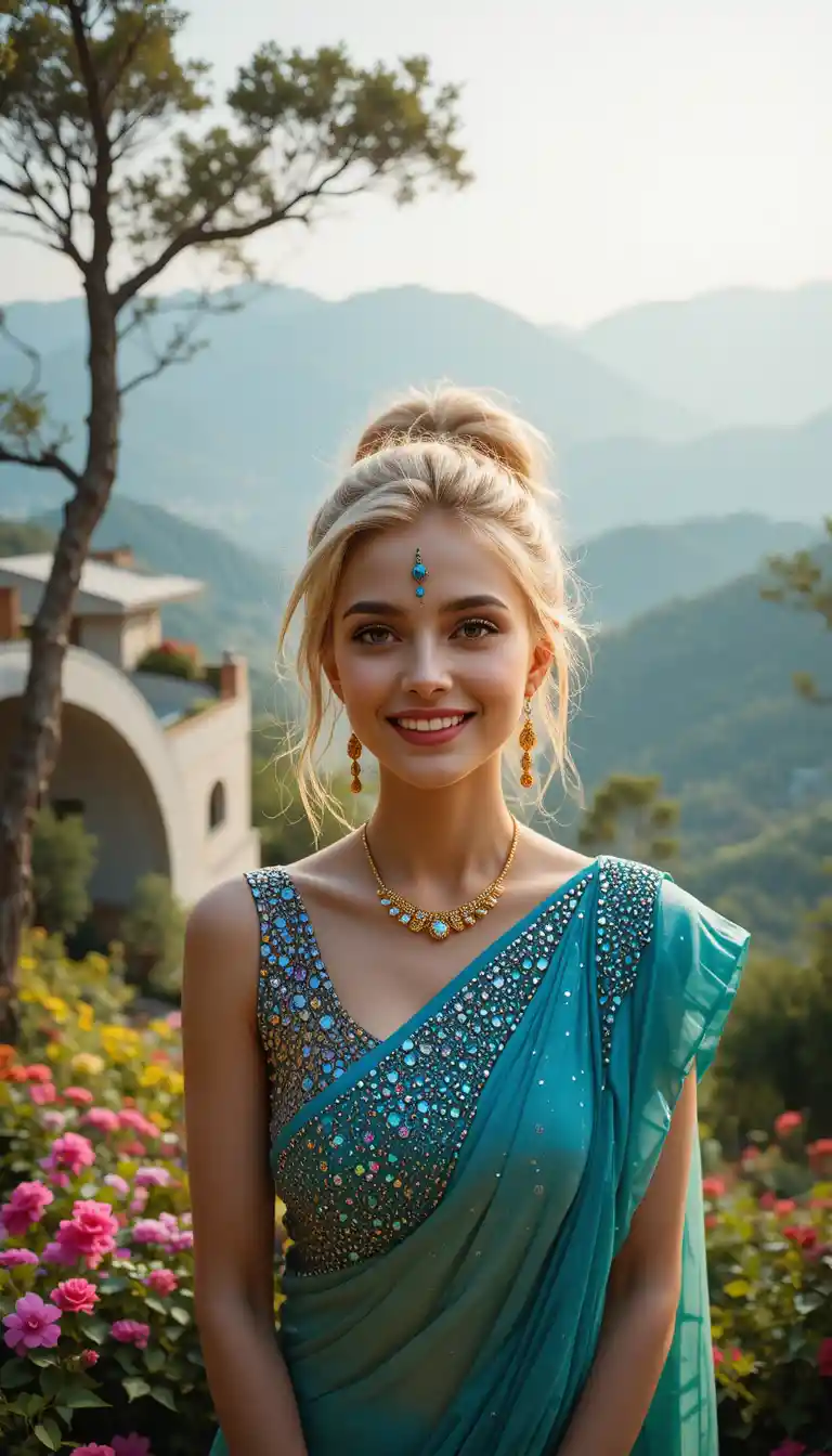 Smiling woman in rhinestone saree above peaceful green valley