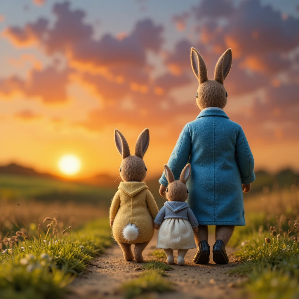 Felt rabbit family walking together toward a glowing sunset