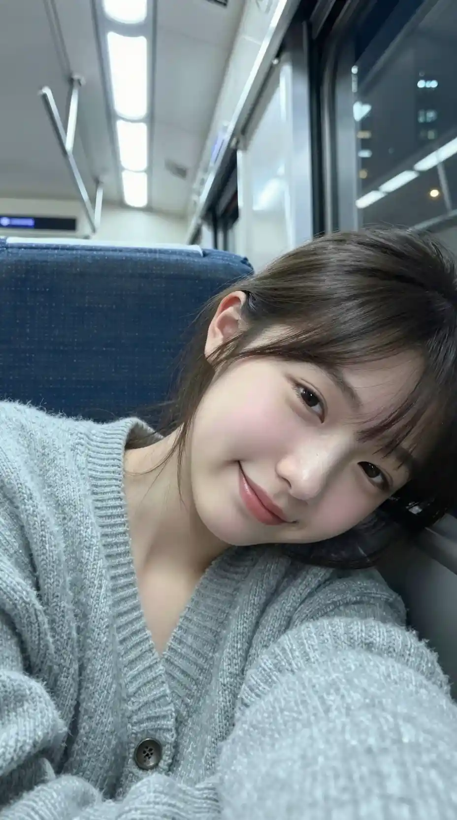 明るい電車で肩にもたれかかる眠そうな女の子