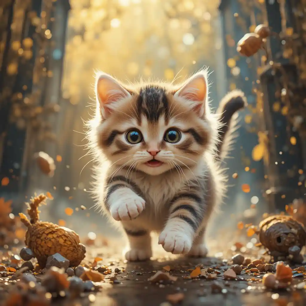Gatito juguetón saltando sobre una presa invisible en estilo decorativo