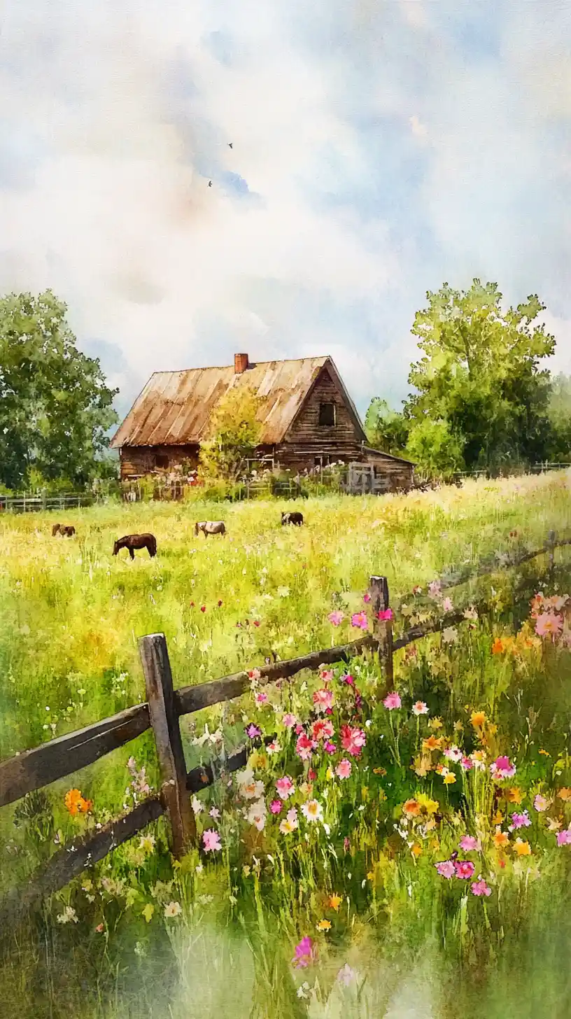 Impressionist farmhouse by a field with grazing horses