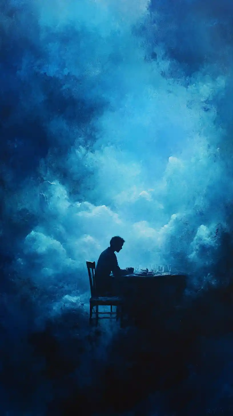 Ghostly figure adrift beneath a dark blue conceptual sky
