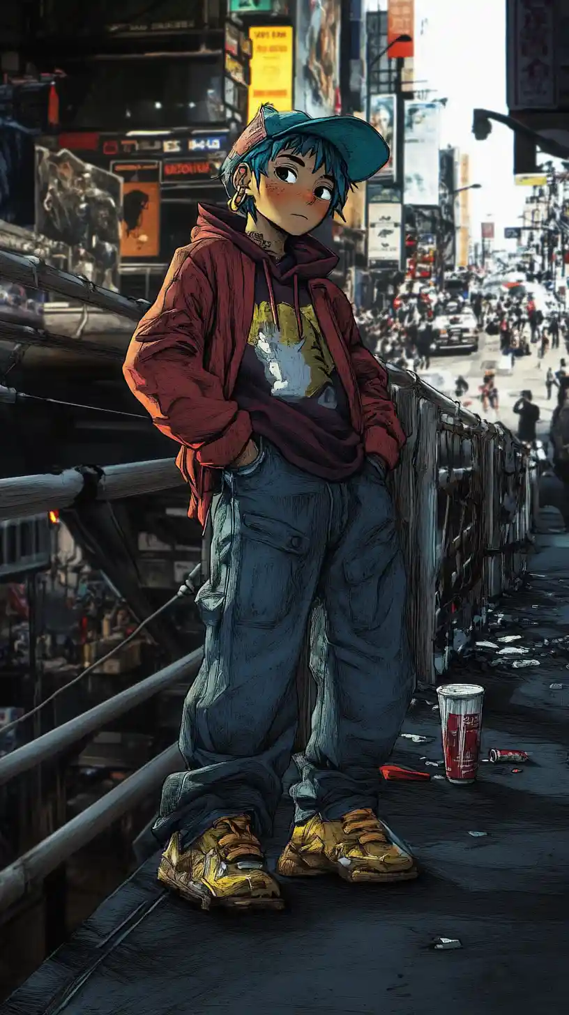Young man leaning on city overpass in manga style