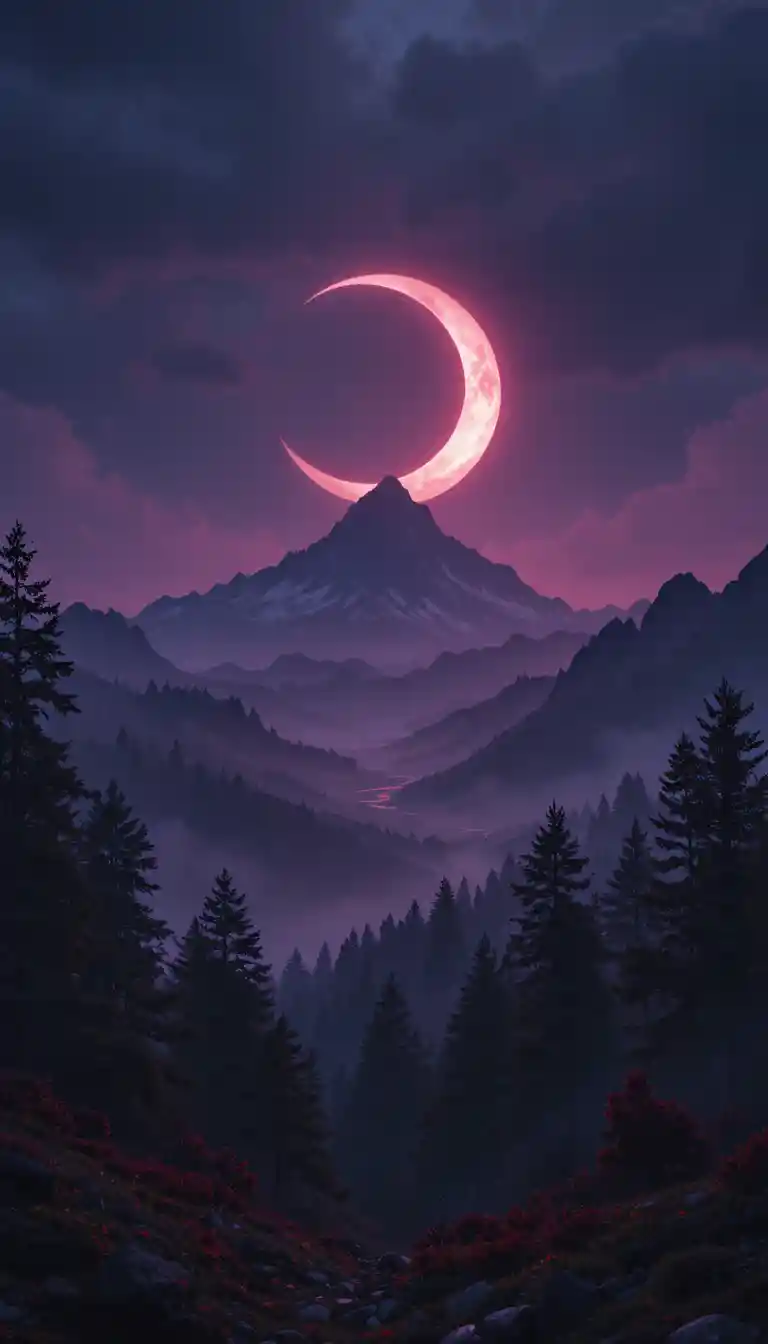 Paisaje montañoso oscuro bajo una enorme luna creciente brillante