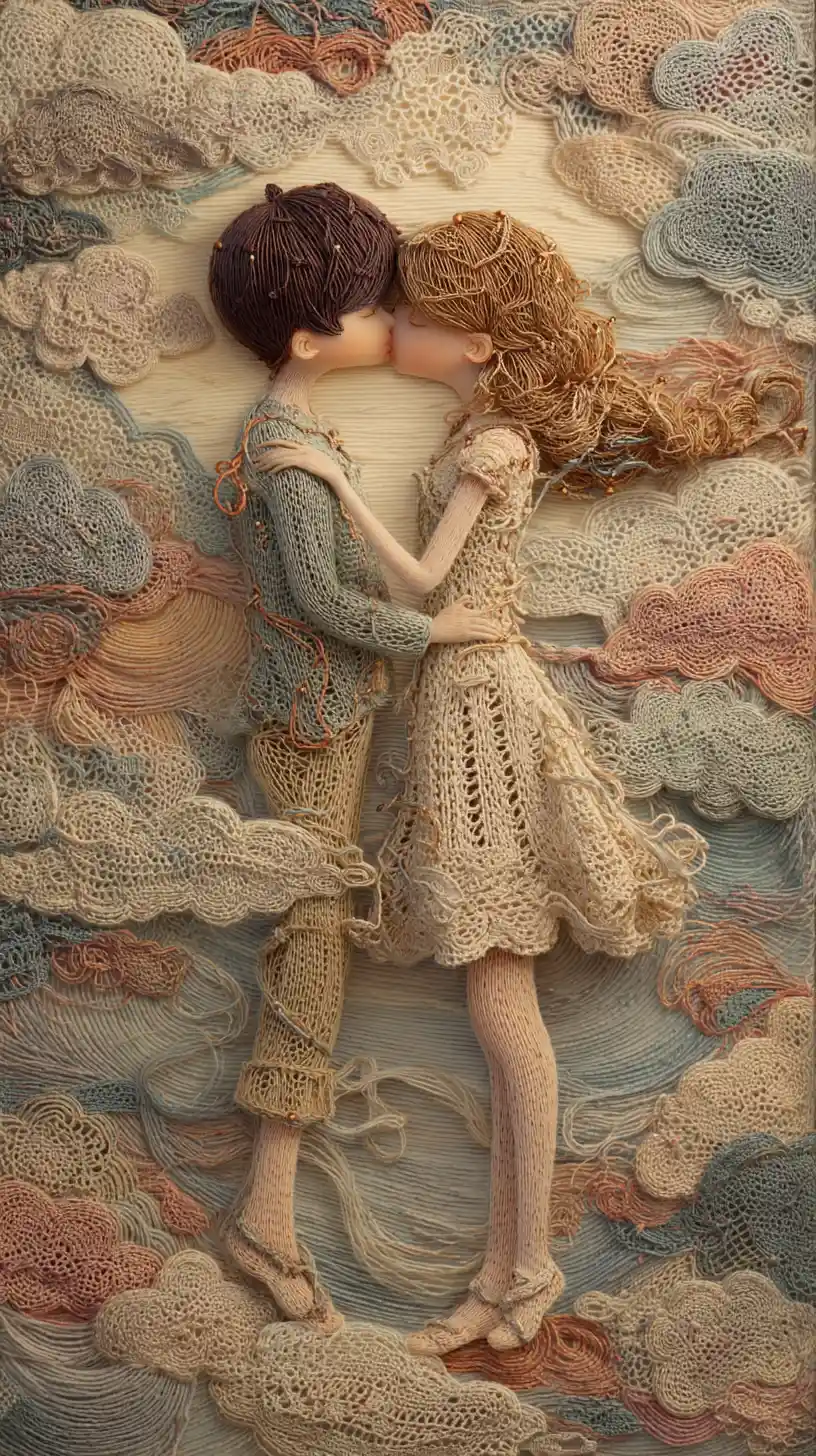 Crocheted boy and girl sharing a tender romantic kiss