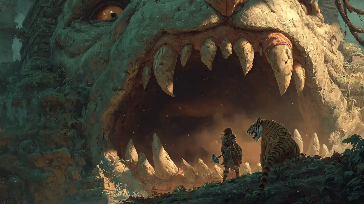 Colossal monster mouth framing a barbarian jungle vision