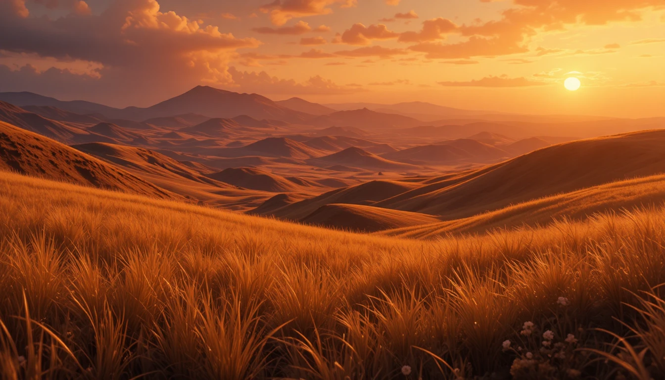 Episches Sonnenuntergangstal mit sanften Hügeln und goldenem Gras