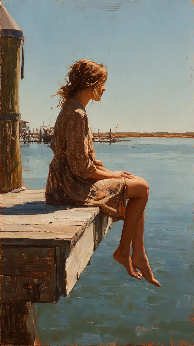 Teen girl sitting on wooden dock by calm water