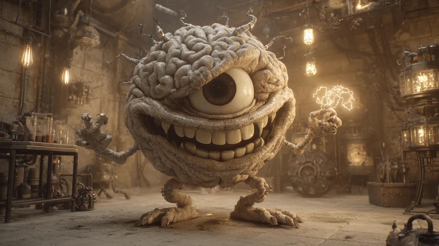 Monstro Cerebral Grotesco Andando em Laboratório Escuro