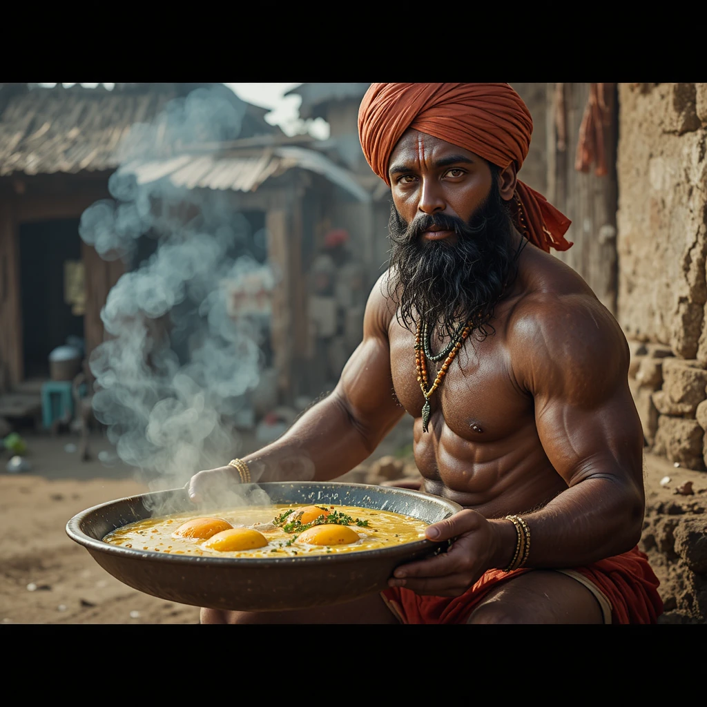 Muscular village farmer cooking a giant omelet on stove