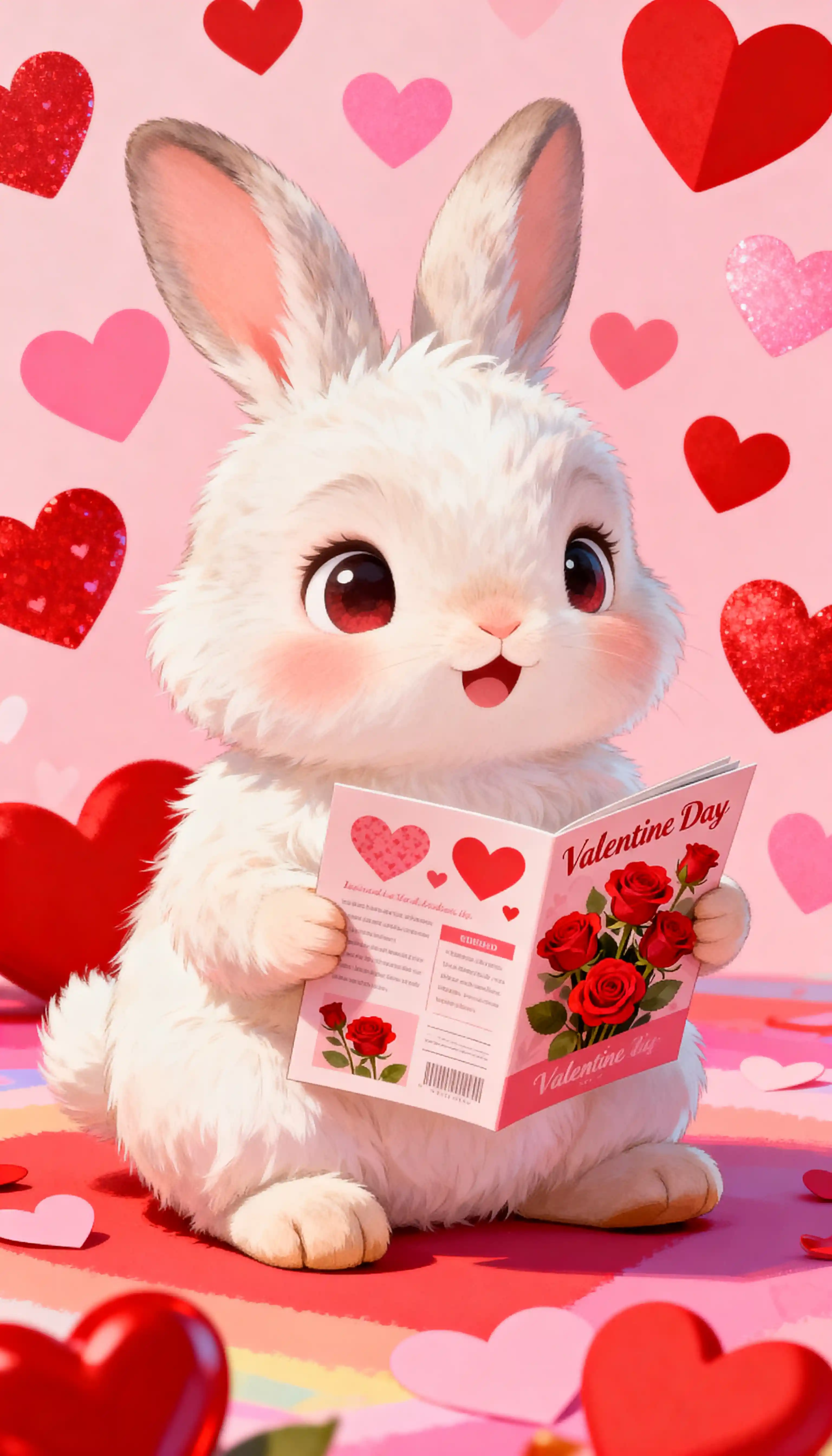 Cute baby rabbit with hearts and roses brochure