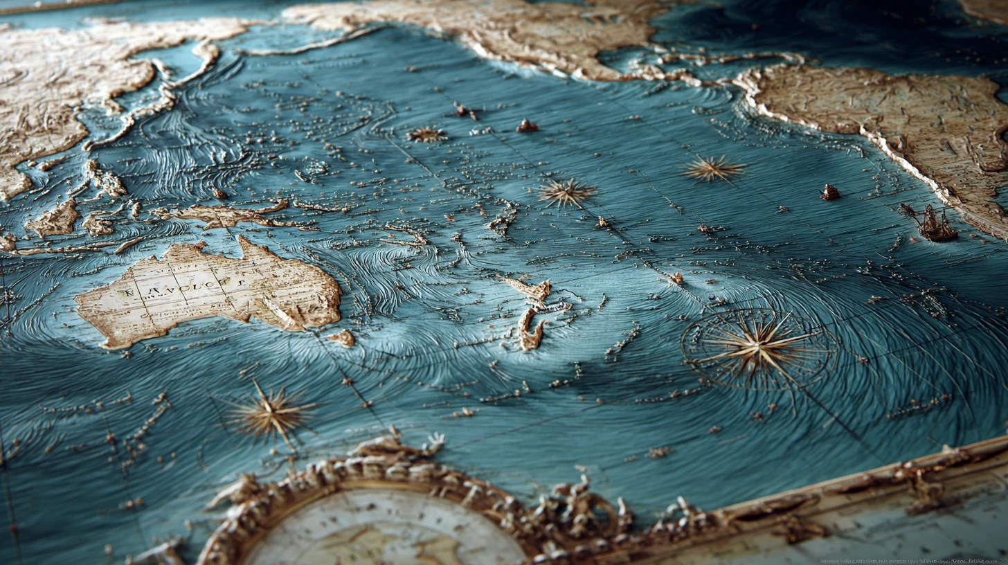 Ancient 3D map of the Pacific ocean with sea monsters