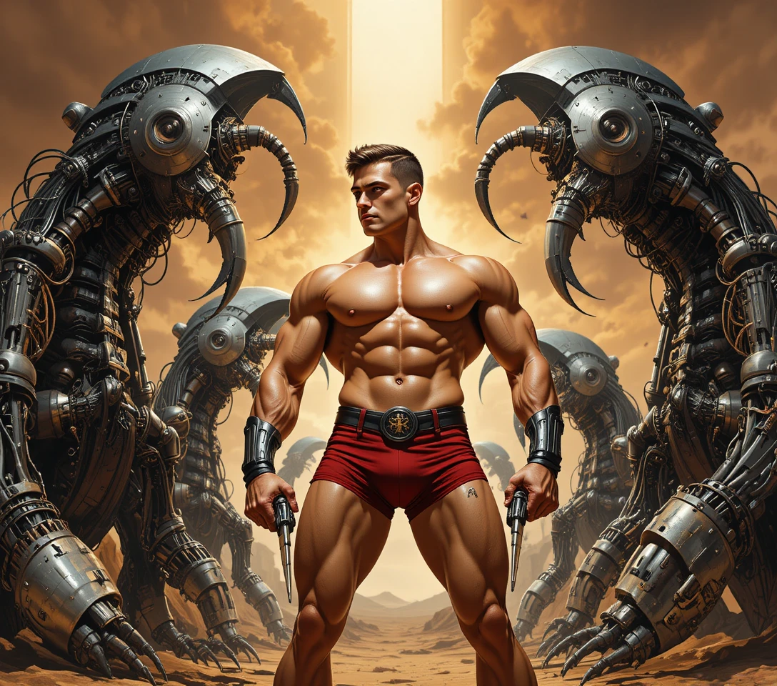 Guerrero musculoso en oscuro desierto futurista