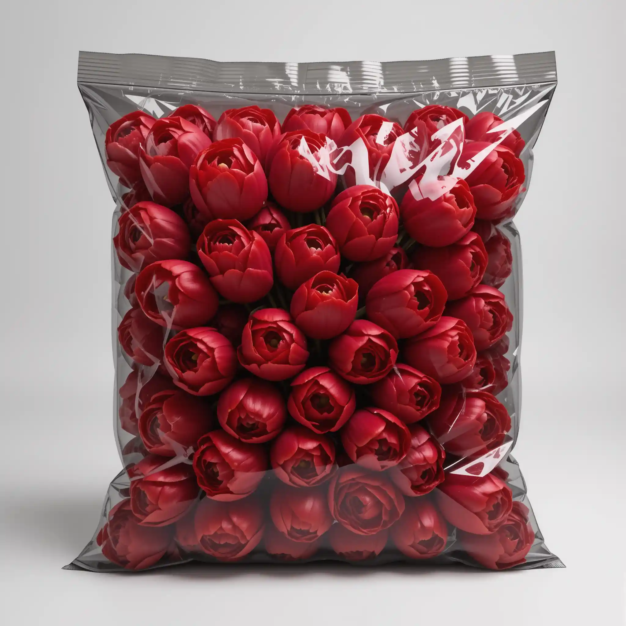 Vakuumversiegelte rote Tulpen in transparenter Folie vor schwarzem Hintergrund