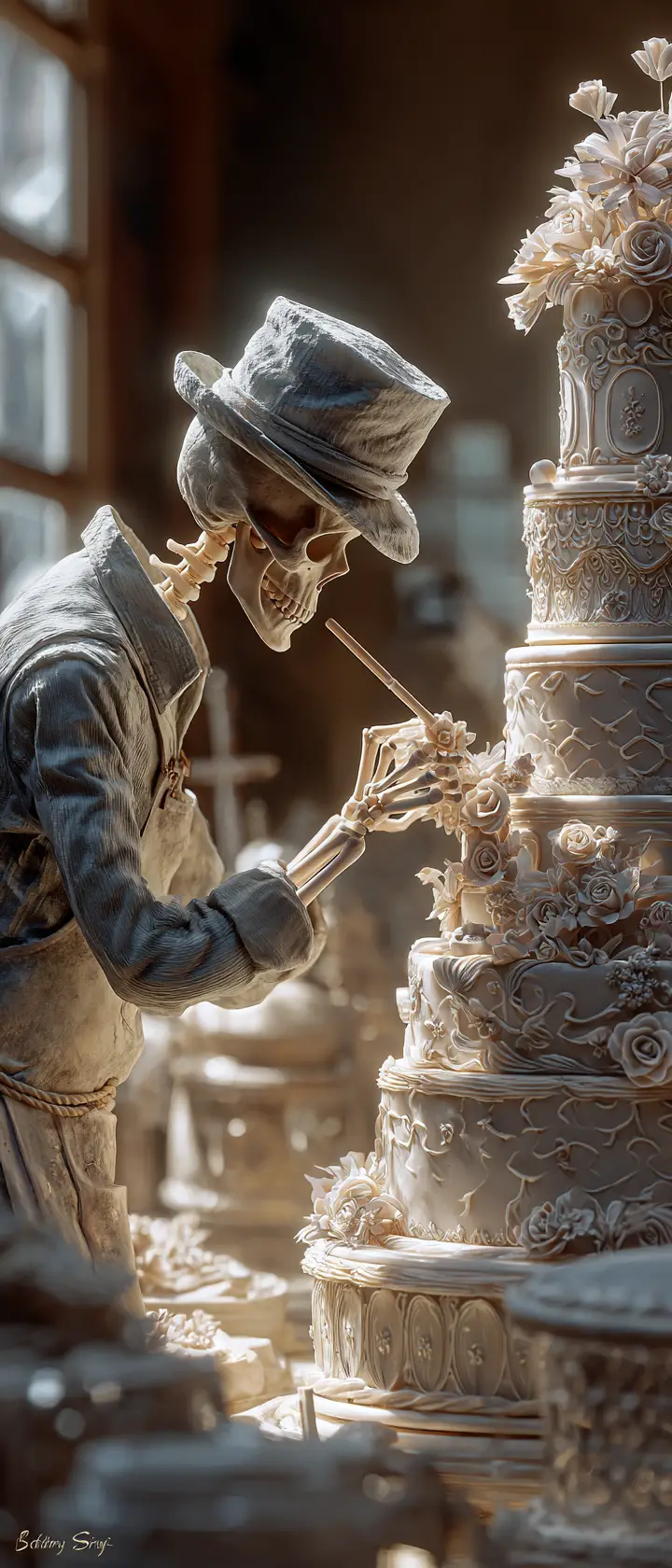 Skeleton baker decorating cake in a victorian bakery