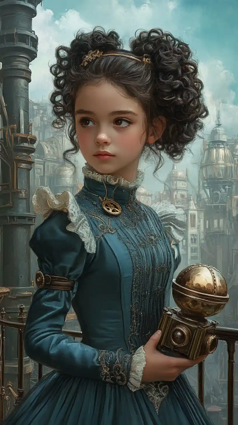Steampunk girl holding brass robot in turquoise dress