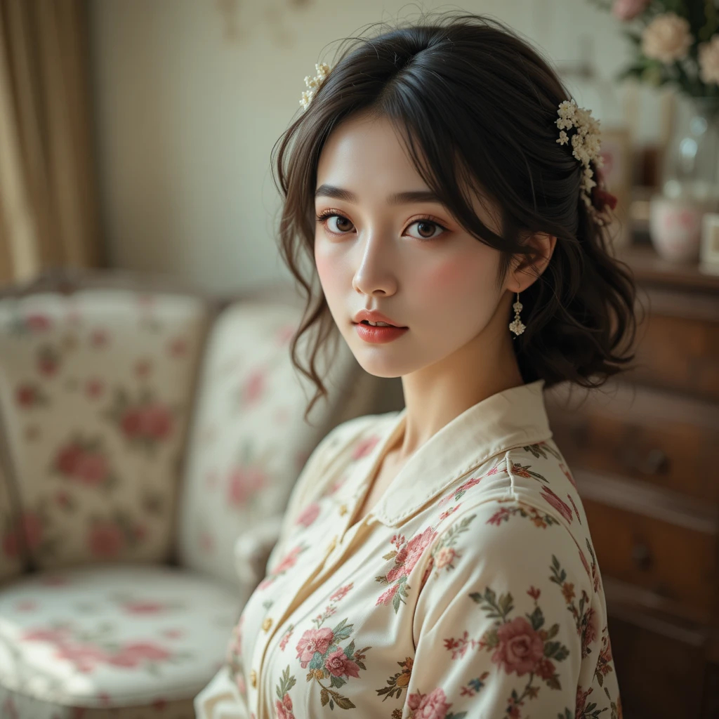 Dreamy portrait of a young woman with floral details