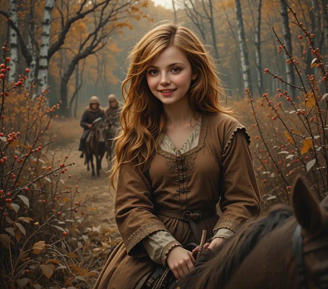 Young rider on a bay horse in a moody autumn forest