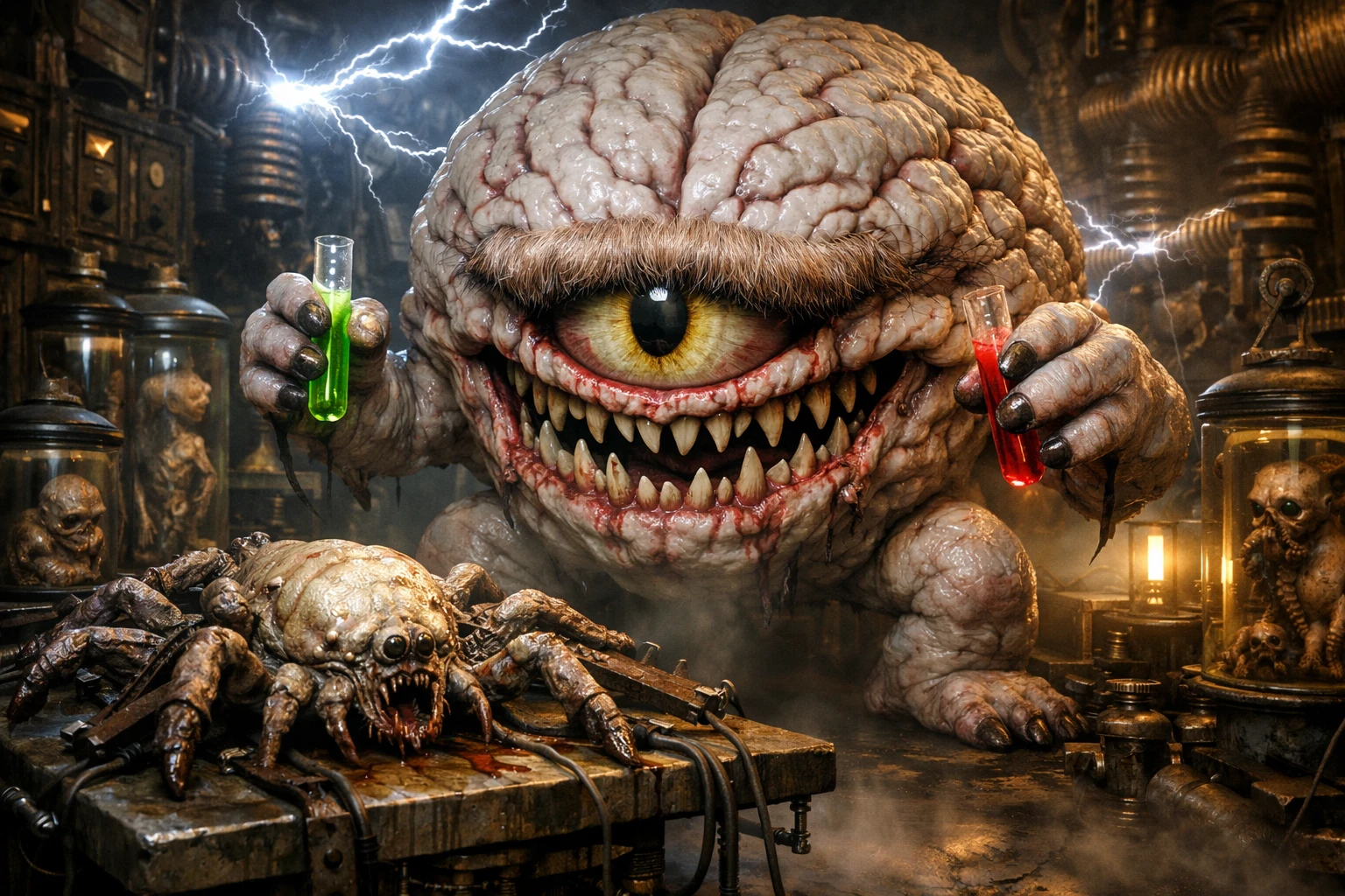 Monstruo grotesco de cerebro andante en un laboratorio siniestro