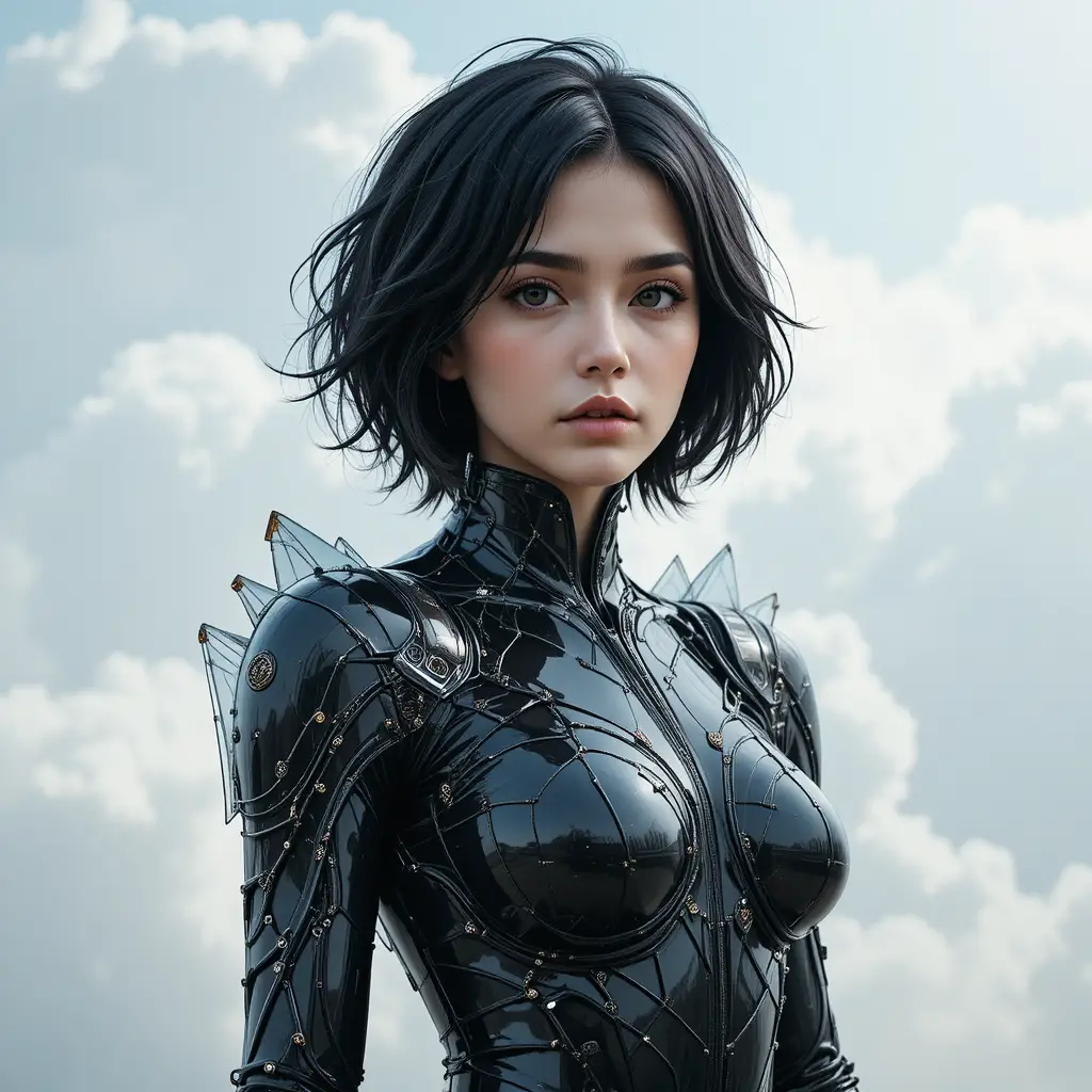 Young woman in cybernetic black bodysuit under cloudy sky