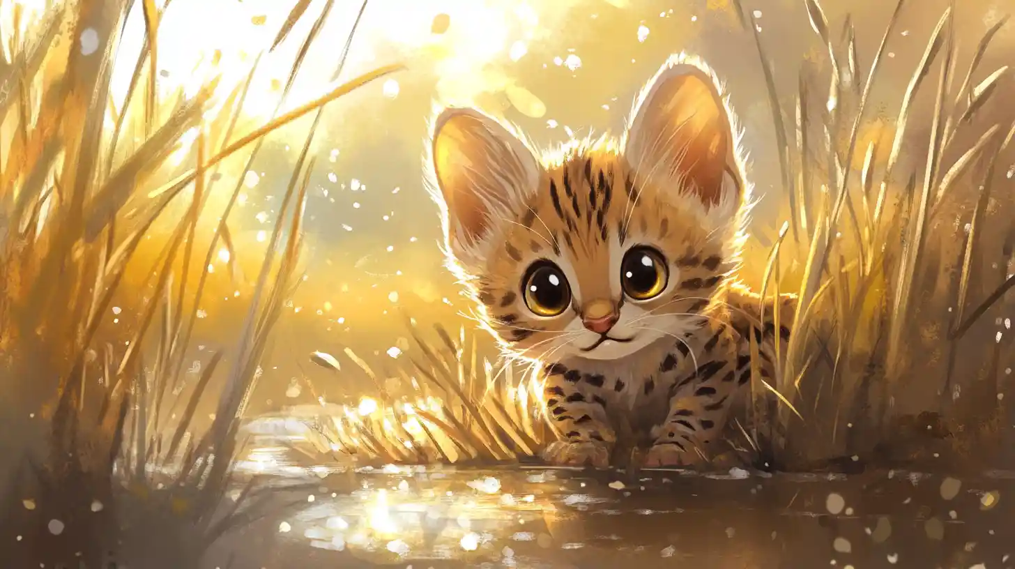 Cheerful baby serval crouching in tall golden savanna grass