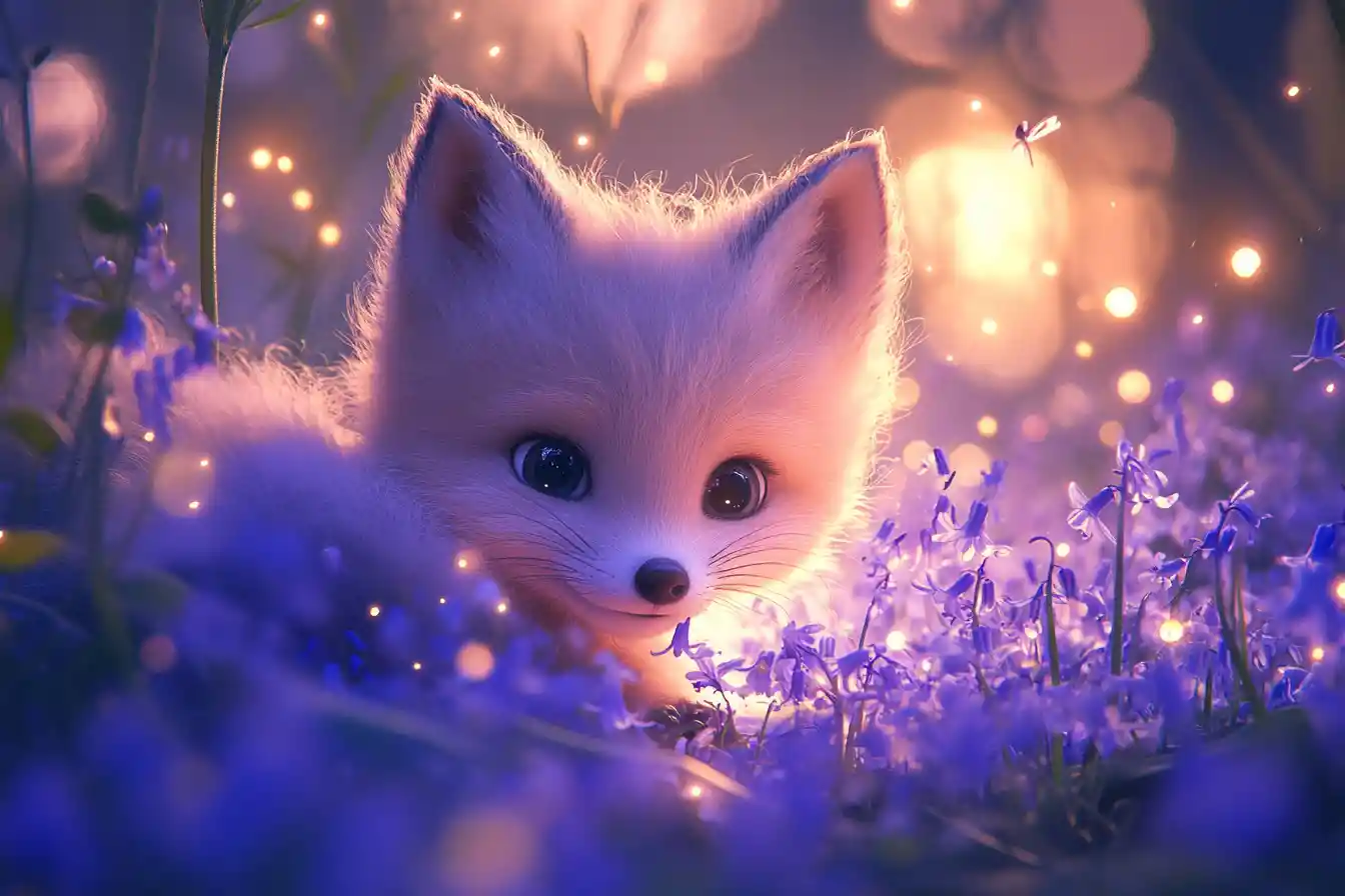 Baby fox playing among glowing bluebells at twilight